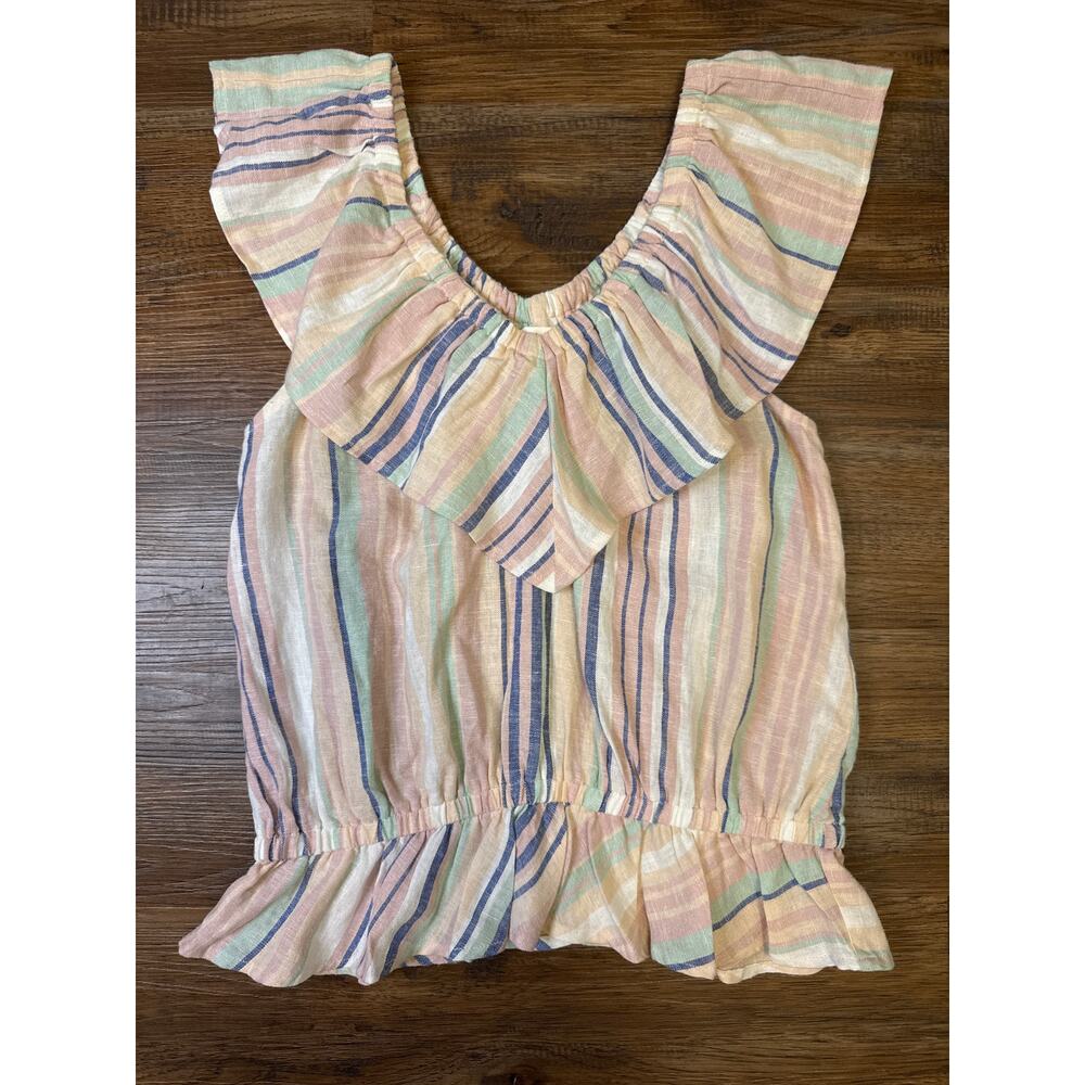 Ava James Striped sleeveless blouse MEDIUM linen rayon boho v-neck ruffle